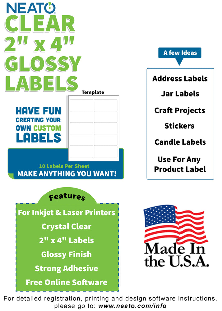 BLANK CRYSTAL CLEAR LABELS - 2" X 4" - WORKS WITH INKJET & LASER PRINTERS - Neato Labels