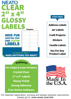 BLANK CRYSTAL CLEAR LABELS - 2" X 4" - WORKS WITH INKJET & LASER PRINTERS - Neato Labels