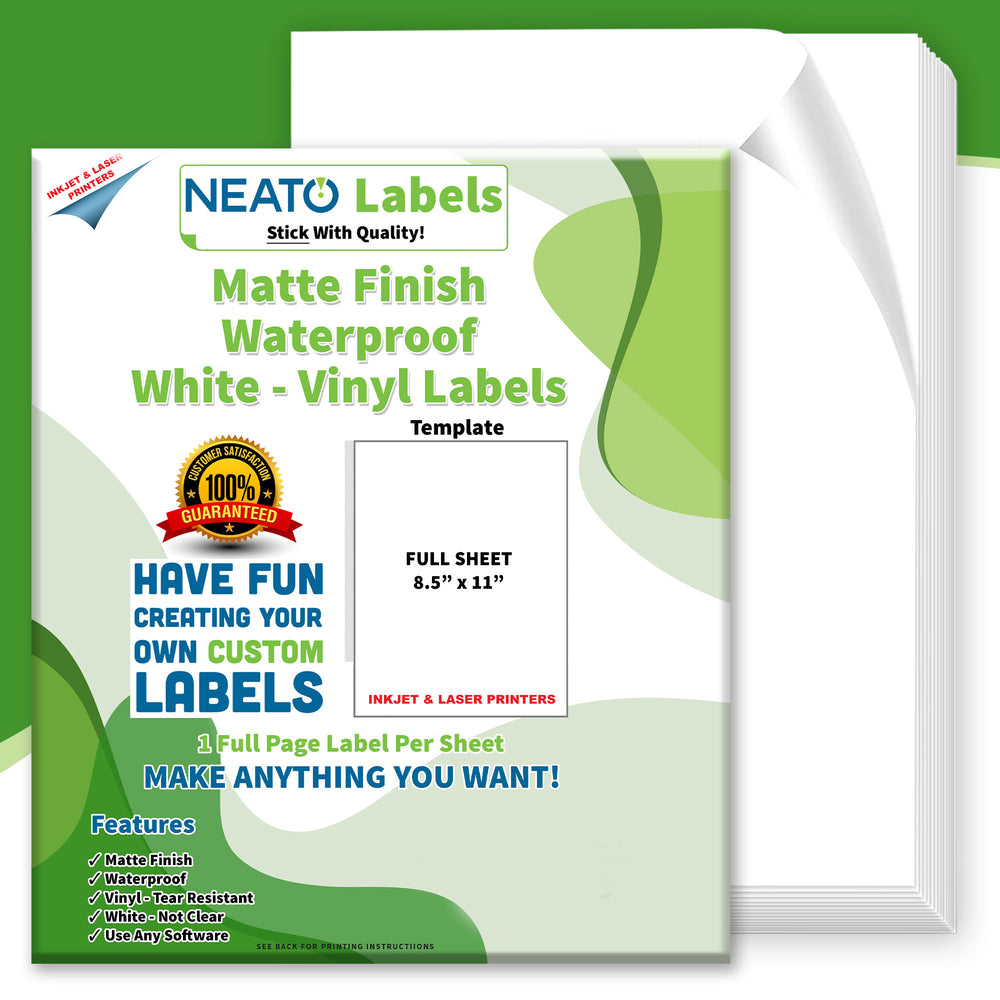 Sticker Paper, 100 Sheets, White Matte, 8.5 x 11 Full Sheet Label, Inkjet or Laser Printer, Online Labels