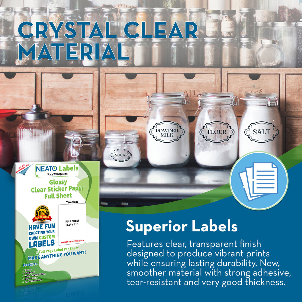 Blank Crystal Clear Transparent Sticker Paper - Glossy - Full-Sheet Labels - 8 1/2" x 11" -  Compatible with Inkjet Printers, and All Cutting Machines