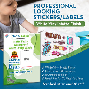 Printable Matte Vinyl Sticker Paper – Waterproof – White – Blank Full Sheet Labels - 8 1/2" x 11" – Compatible with Inkjet and Laser Printers and All Cutting Machines