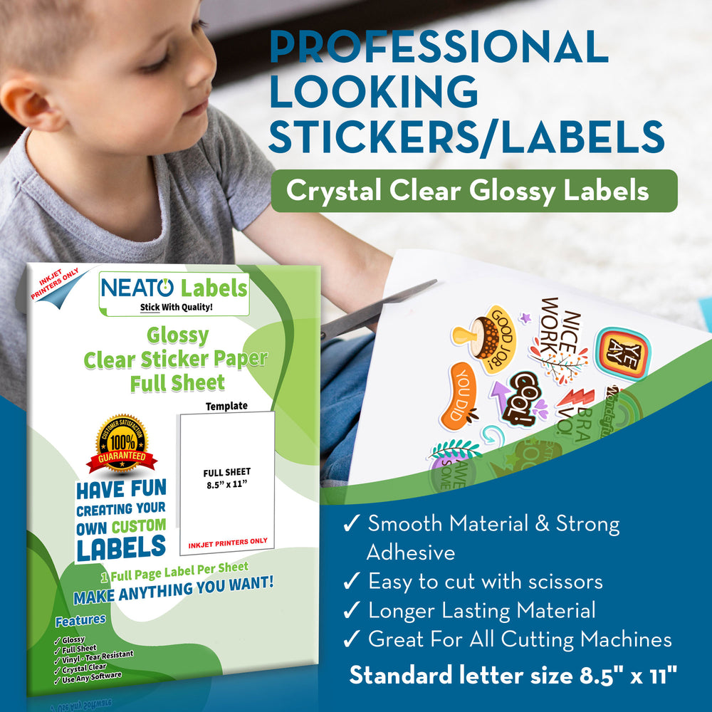 Blank Crystal Clear Transparent Sticker Paper - Glossy - Full-Sheet Labels - 8 1/2" x 11" -  Compatible with Inkjet Printers, and All Cutting Machines