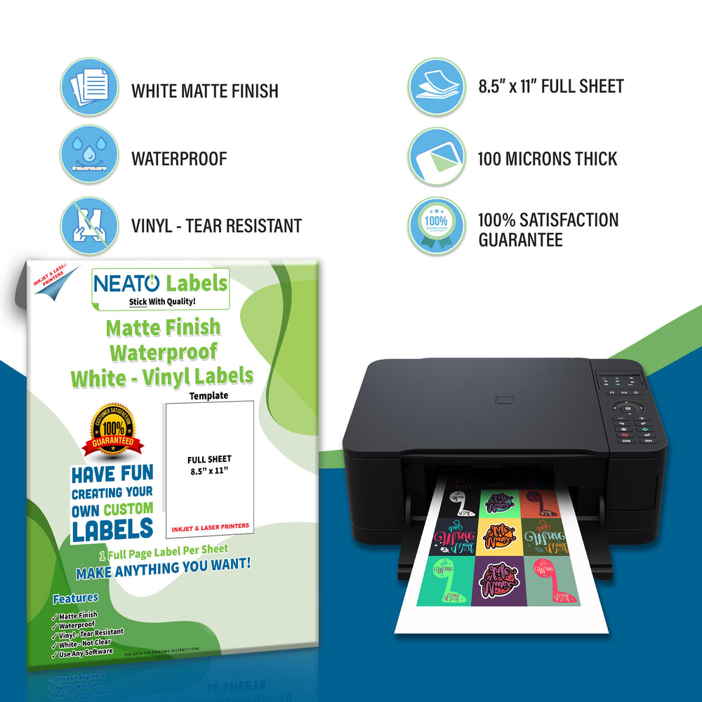 
                
                    Load image into Gallery viewer, Printable Matte Vinyl Sticker Paper – Waterproof – White – Blank Full Sheet Labels - 8 1/2&amp;quot; x 11&amp;quot; – Compatible with Inkjet and Laser Printers and All Cutting Machines
                
            