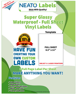 Super Glossy White Vinyl Sticker Paper – Waterproof – Blank Full Sheet Labels - 8 1/2" x 11" – Compatible with Inkjet and Laser Printers and All Cutting Machines – Perfect for Custom Labels and Crafts