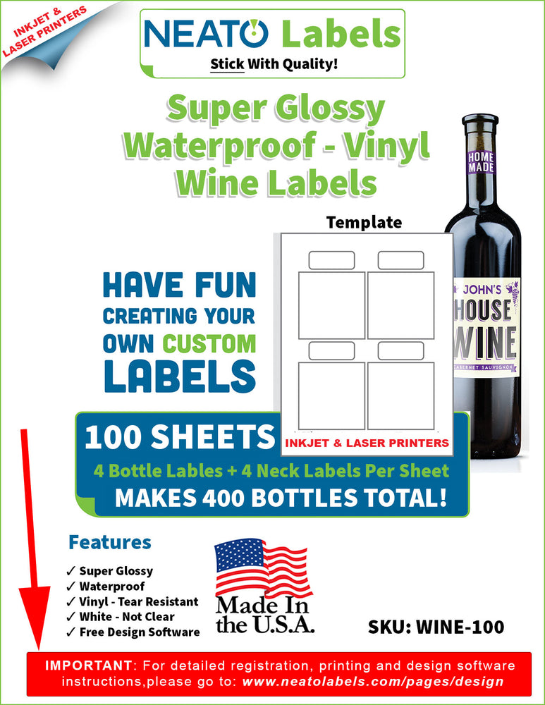 NEATO BLANK WINE LABELS - 100 SHEETS - WHITE, GLOSSY - WATEPROOF - FOR INKJET AND LASER PRINTERS
