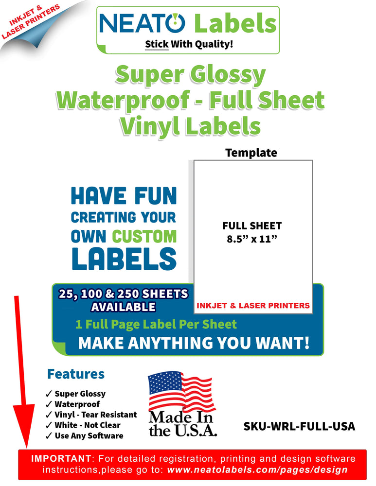 Premium Super Glossy, White, Vinyl, Waterproof, Strong Adhesive - Blank Full Sheet Labels - 8 1/2" x 11", For Inkjet and Laser Printers - Made In The USA