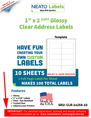 
                
                    Load image into Gallery viewer, BLANK CRYSTAL CLEAR LABELS - 1&amp;quot; X 2 5/8&amp;quot; - WORKS WITH INKJET &amp;amp; LASER PRINTERS
                
            