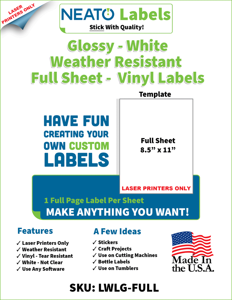 FOR LASER PRINTERS ONLY - NEATO Glossy Printable Vinyl Sticker Paper - White - 8.5" X 11" Blank Custom Sticker Sheet - Weather Resistant - Tear Free