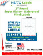 Blank 2 Inch Round Labels - White Circle Stickers - Glossy, Vinyl Waterproof Sticker Paper for Inkjet & Laser Printers - 10 Sheets, 120 Total Labels