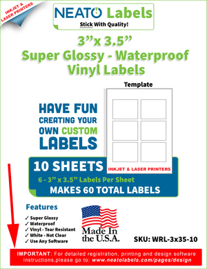 Blank 3" x 3.5" Labels - High Gloss, Vinyl, White, Water Resistant -- For Inkjet and Laser Printers