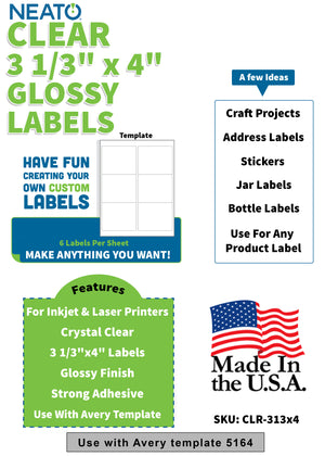 BLANK CRYSTAL CLEAR LABELS - 3 1/3" X 4" - WORKS WITH INKJET & LASER PRINTERS